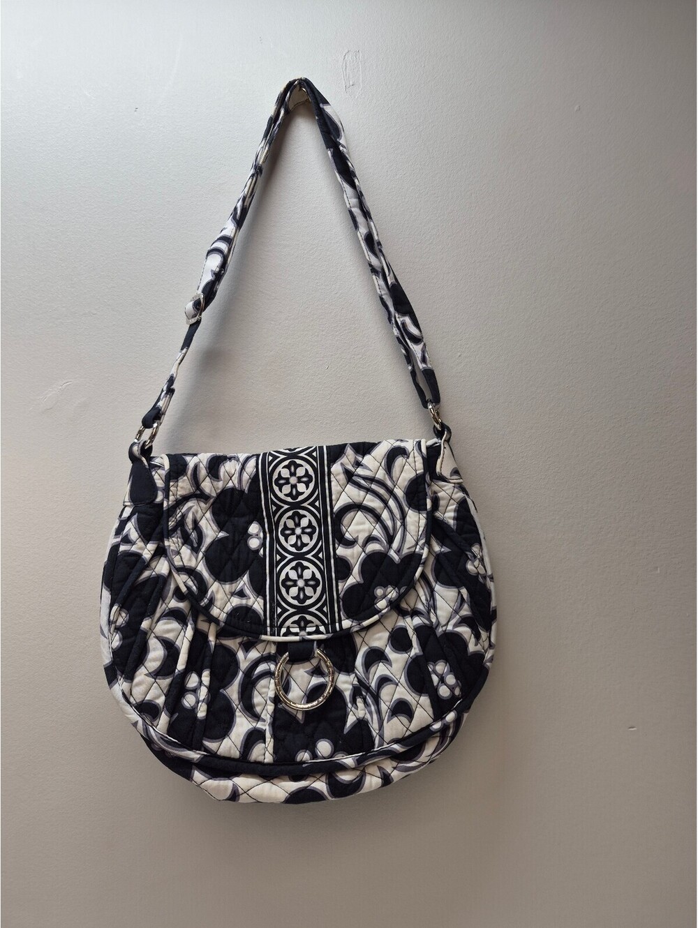 Vera Bradley Black and White Quilted Crossbody Bag with Floral Pattern B421